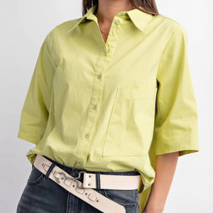 Green Tea Half Slvs Stretch Poplin Button Down Shirt