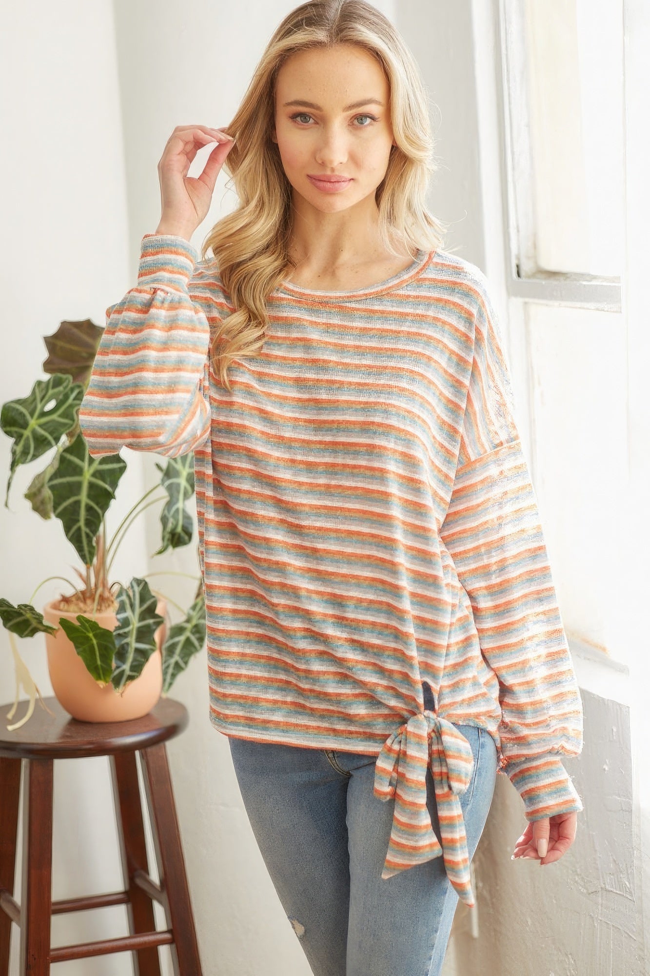 Striped Self Tie Long sleeve Top