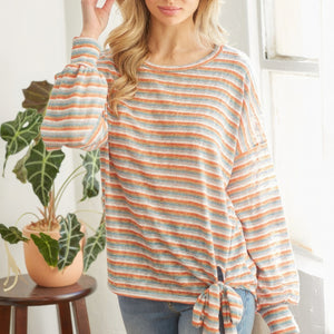 Striped Self Tie Long sleeve Top