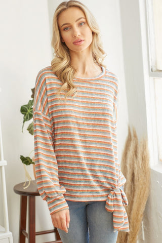 Striped Self Tie Long sleeve Top