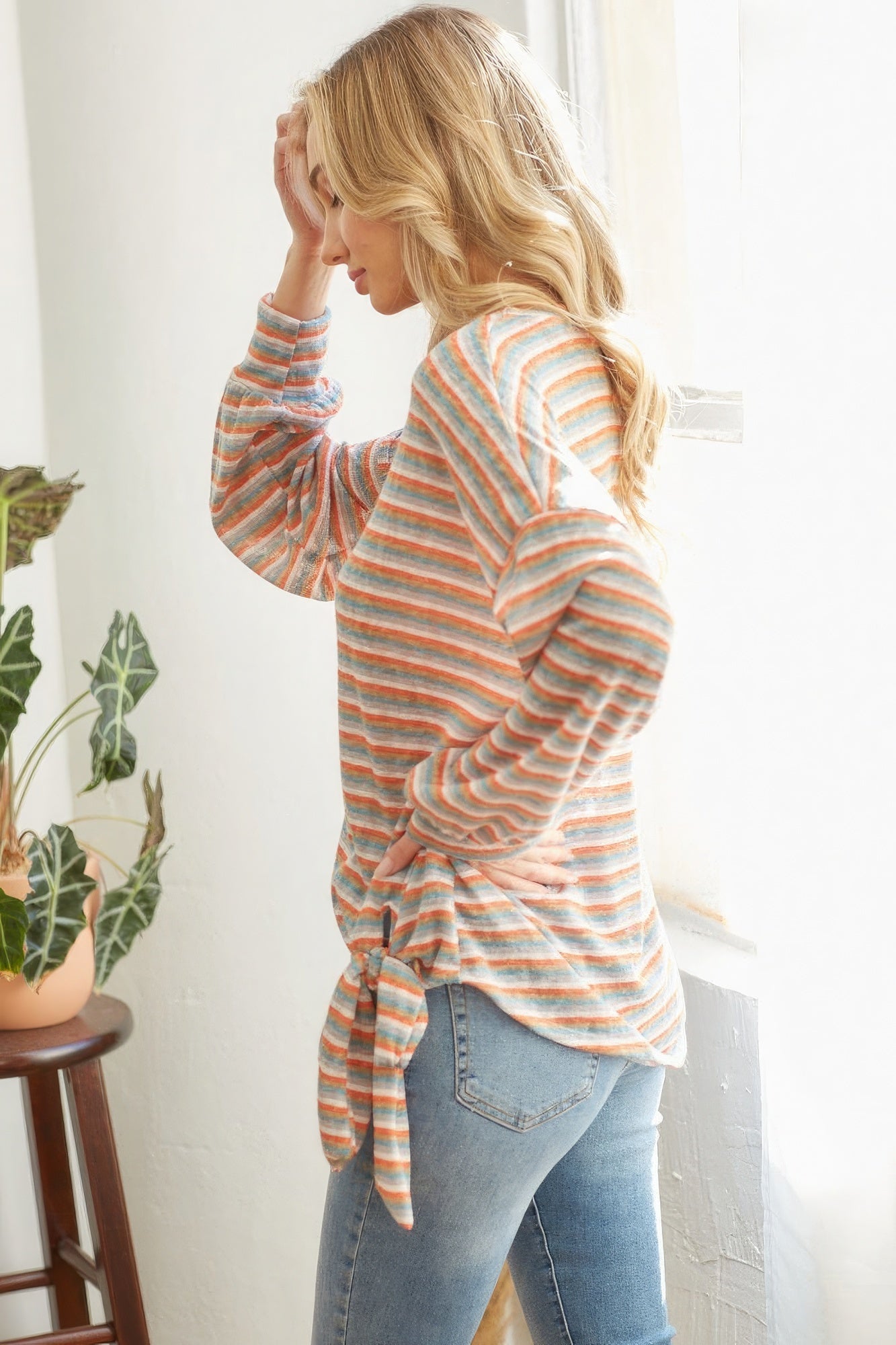 Striped Self Tie Long sleeve Top