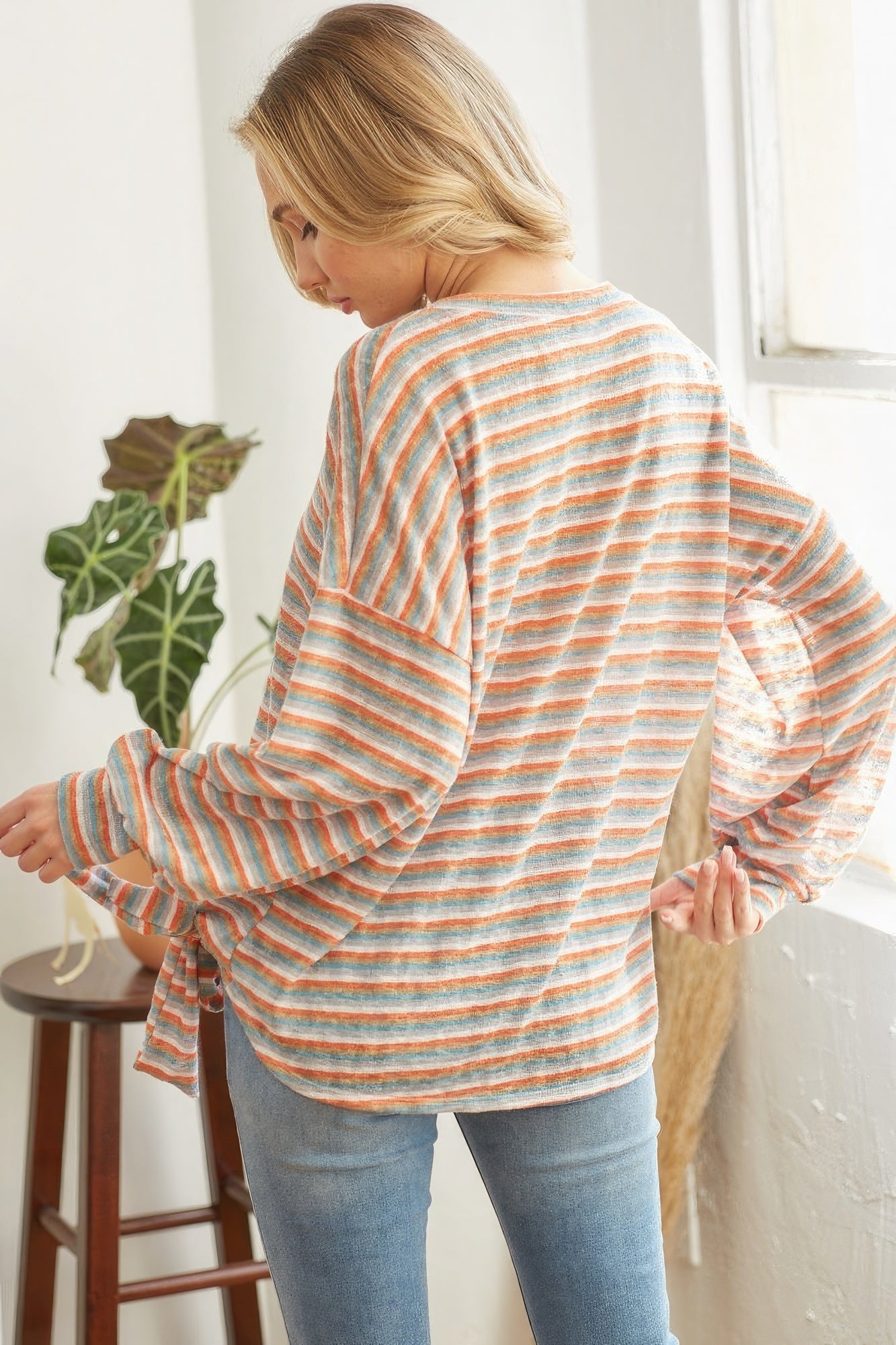 Striped Self Tie Long sleeve Top