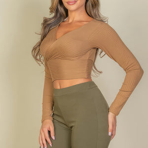 Ribbed Wrap Front Long Sleeve Top