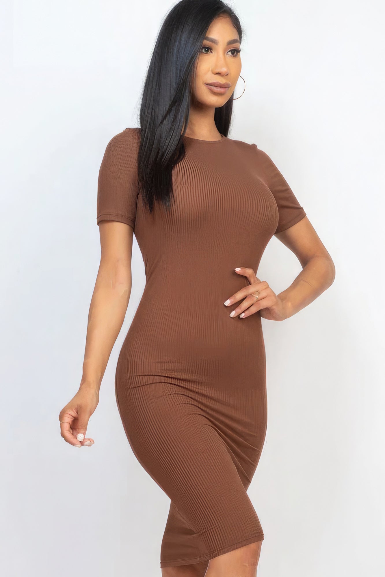 Downtown Brown Ribbed Bodycon Midi Dress