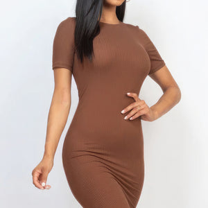 Downtown Brown Ribbed Bodycon Midi Dress