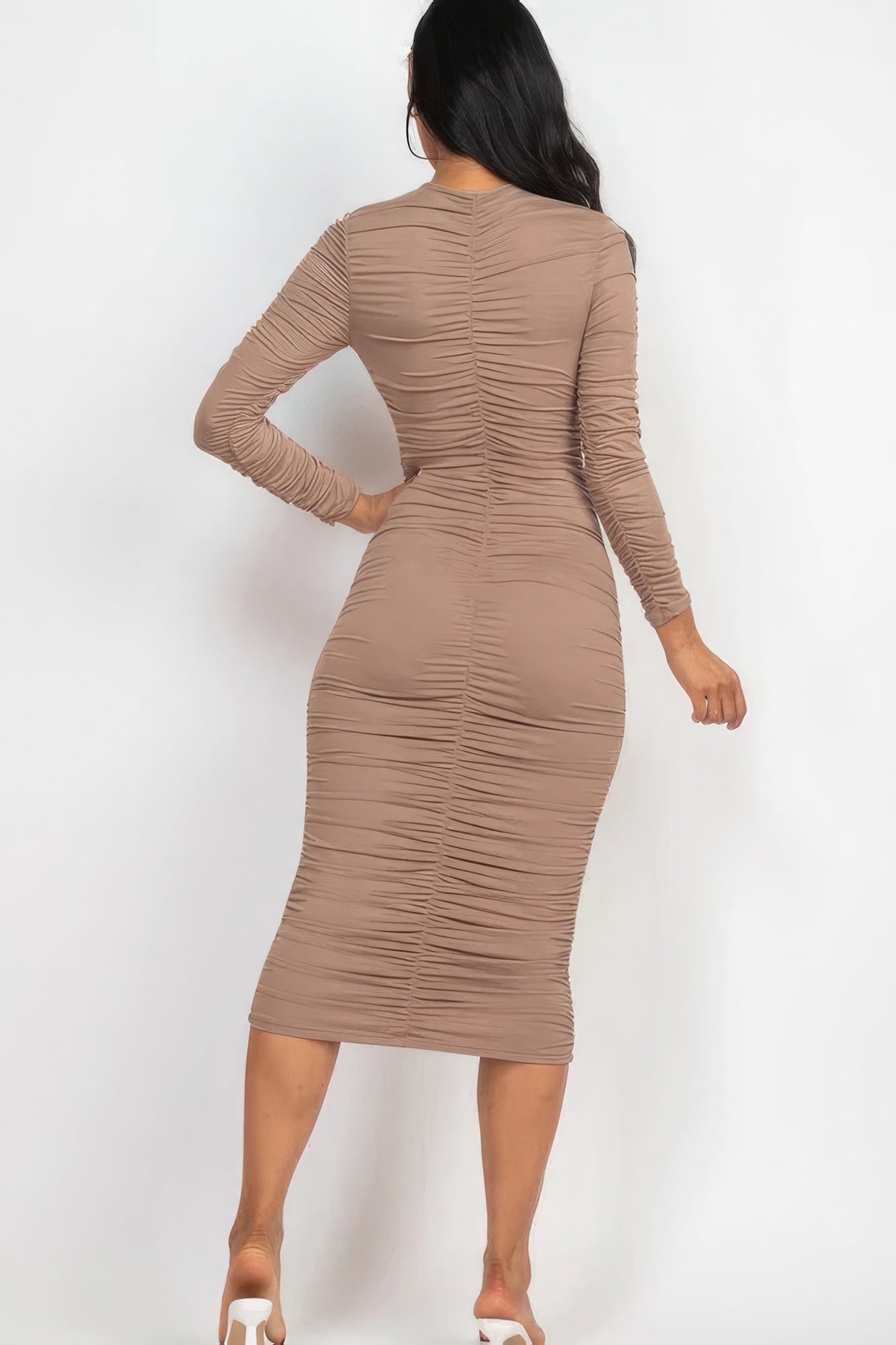 Taupe Grey Ruched Long Sleeve Midi Dress