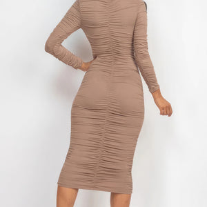 Taupe Grey Ruched Long Sleeve Midi Dress