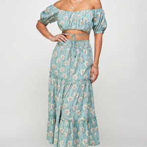 Floral Off Shoulder Sleeve Back Tie Top Skirt Set