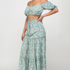 Floral Off Shoulder Sleeve Back Tie Top Skirt Set