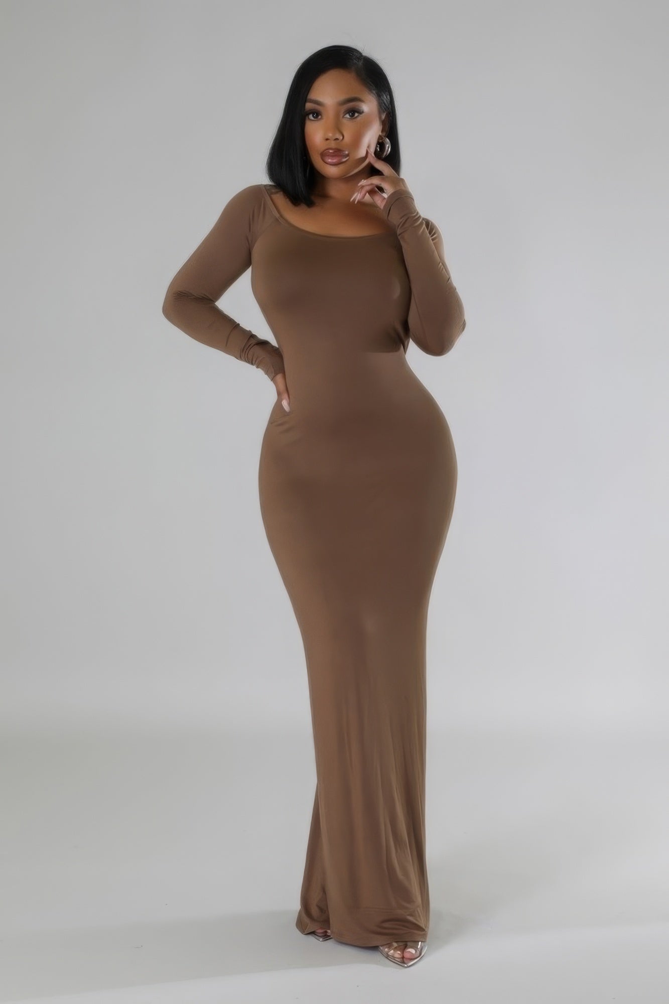 Brown Long Sleeves Stretch Dress