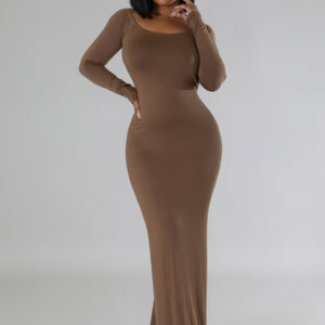 Brown Long Sleeves Stretch Dress