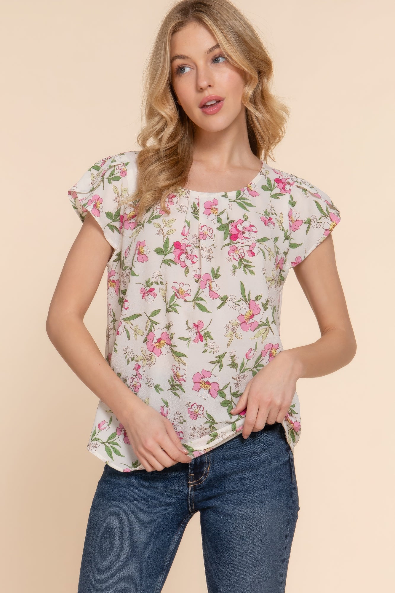 Ivory Short Tulip Slv Floral Print Woven Top