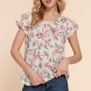 Ivory Short Tulip Slv Floral Print Woven Top