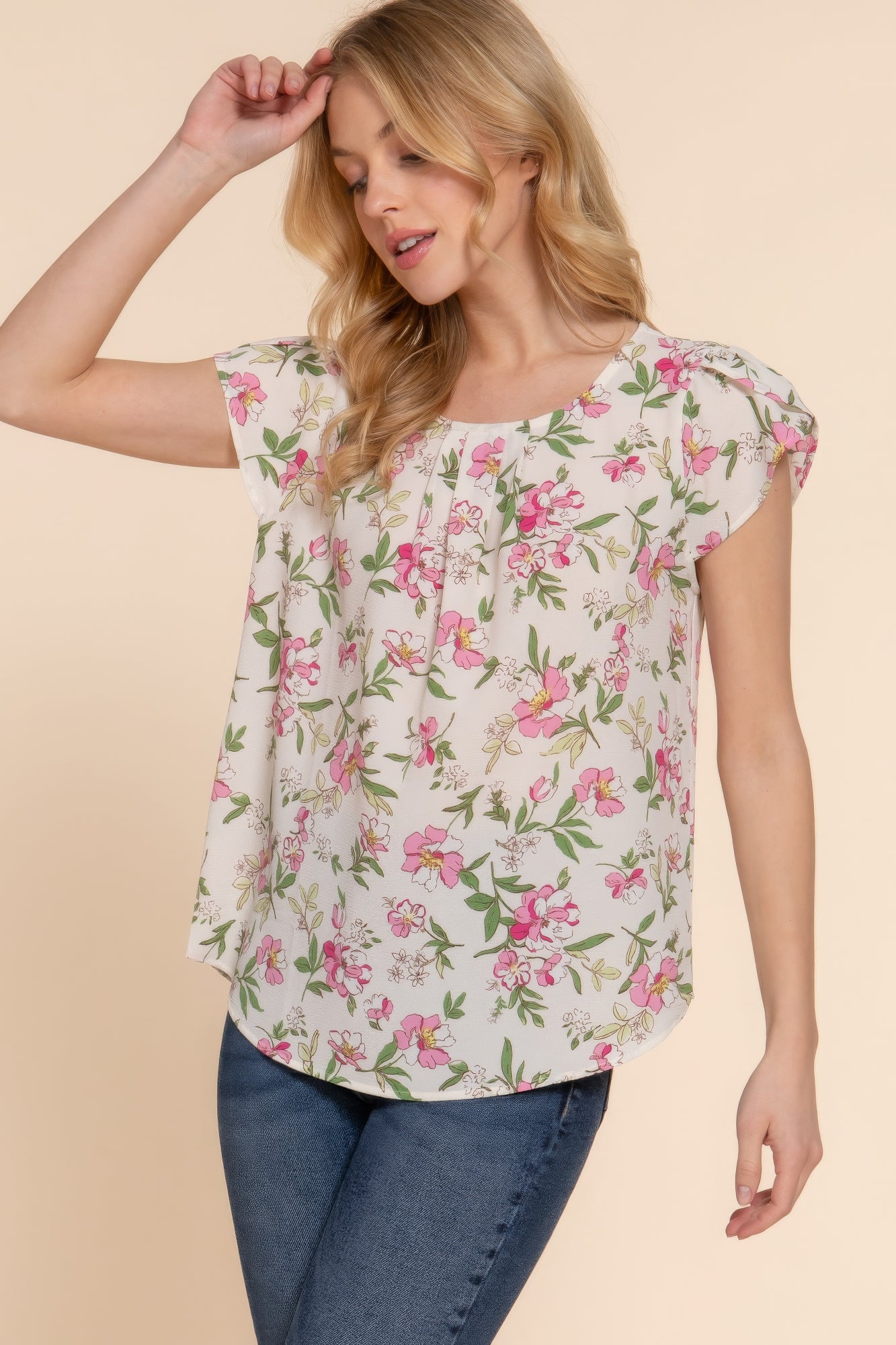 Ivory Short Tulip Slv Floral Print Woven Top