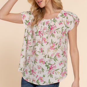 Ivory Short Tulip Slv Floral Print Woven Top