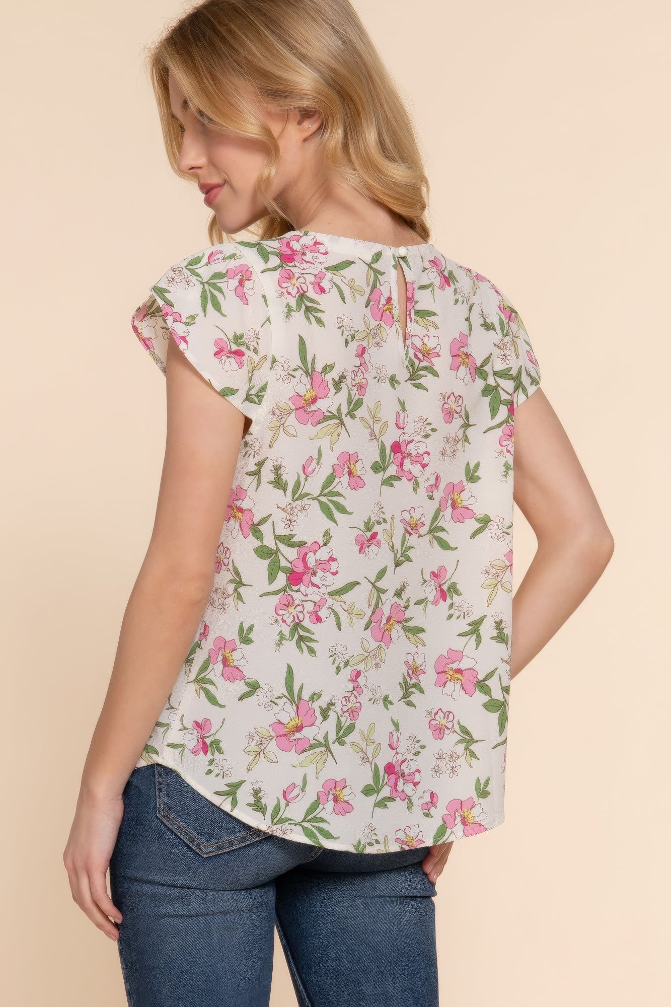 Ivory Short Tulip Slv Floral Print Woven Top