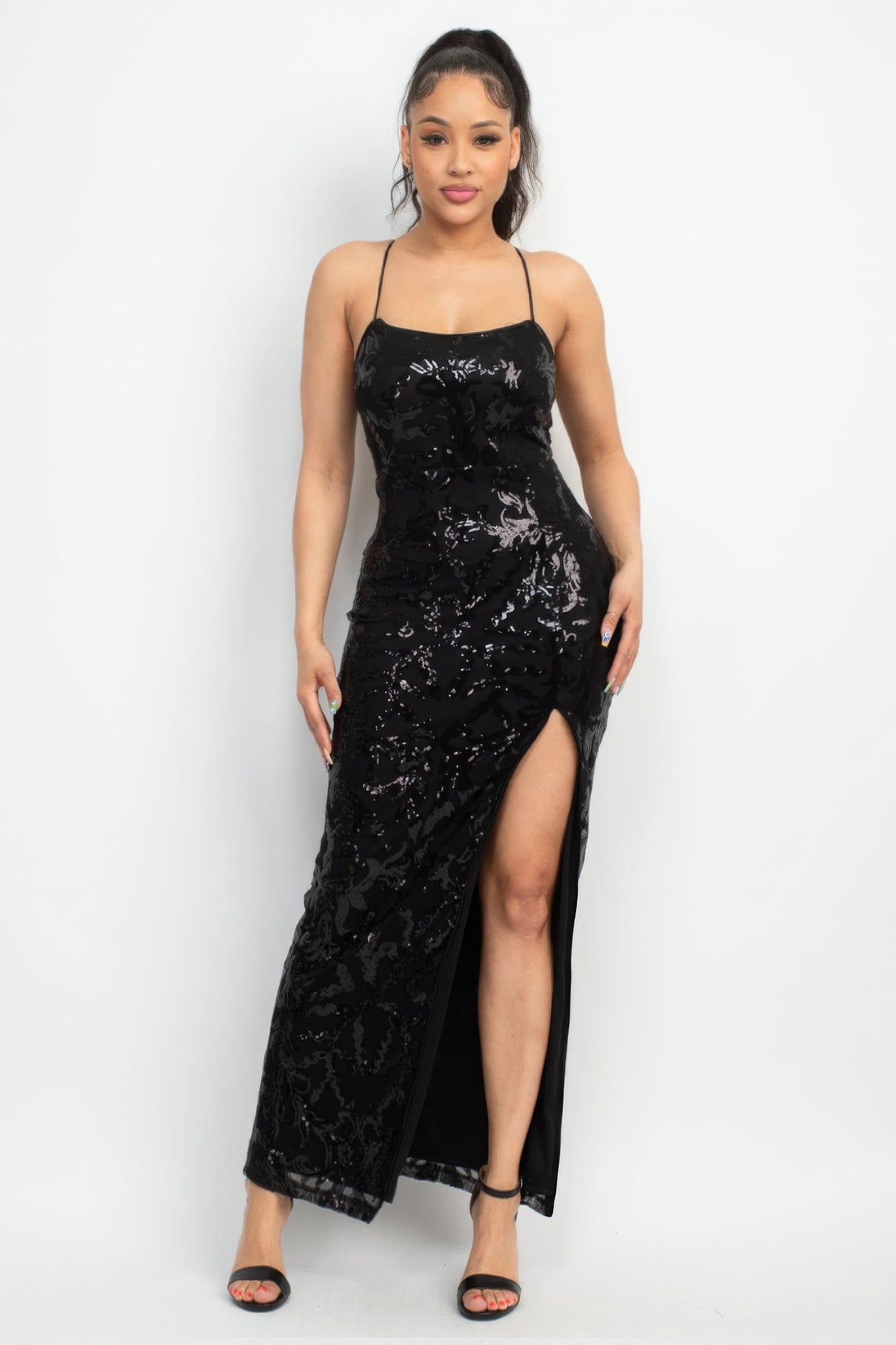 Black Sequin Back-crisscross Tie Slit Dress