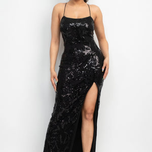 Black Sequin Back-crisscross Tie Slit Dress