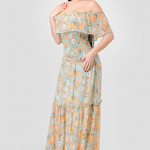 Floral Chiffon Off Shoulder Smocked Back Ruffled Tiered Maxi Dress