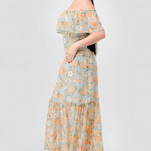 Floral Chiffon Off Shoulder Smocked Back Ruffled Tiered Maxi Dress