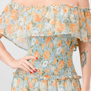 Floral Chiffon Off Shoulder Smocked Back Ruffled Tiered Maxi Dress