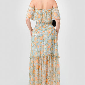 Floral Chiffon Off Shoulder Smocked Back Ruffled Tiered Maxi Dress