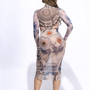 Tattoo Body Print Mesh Midi Dress