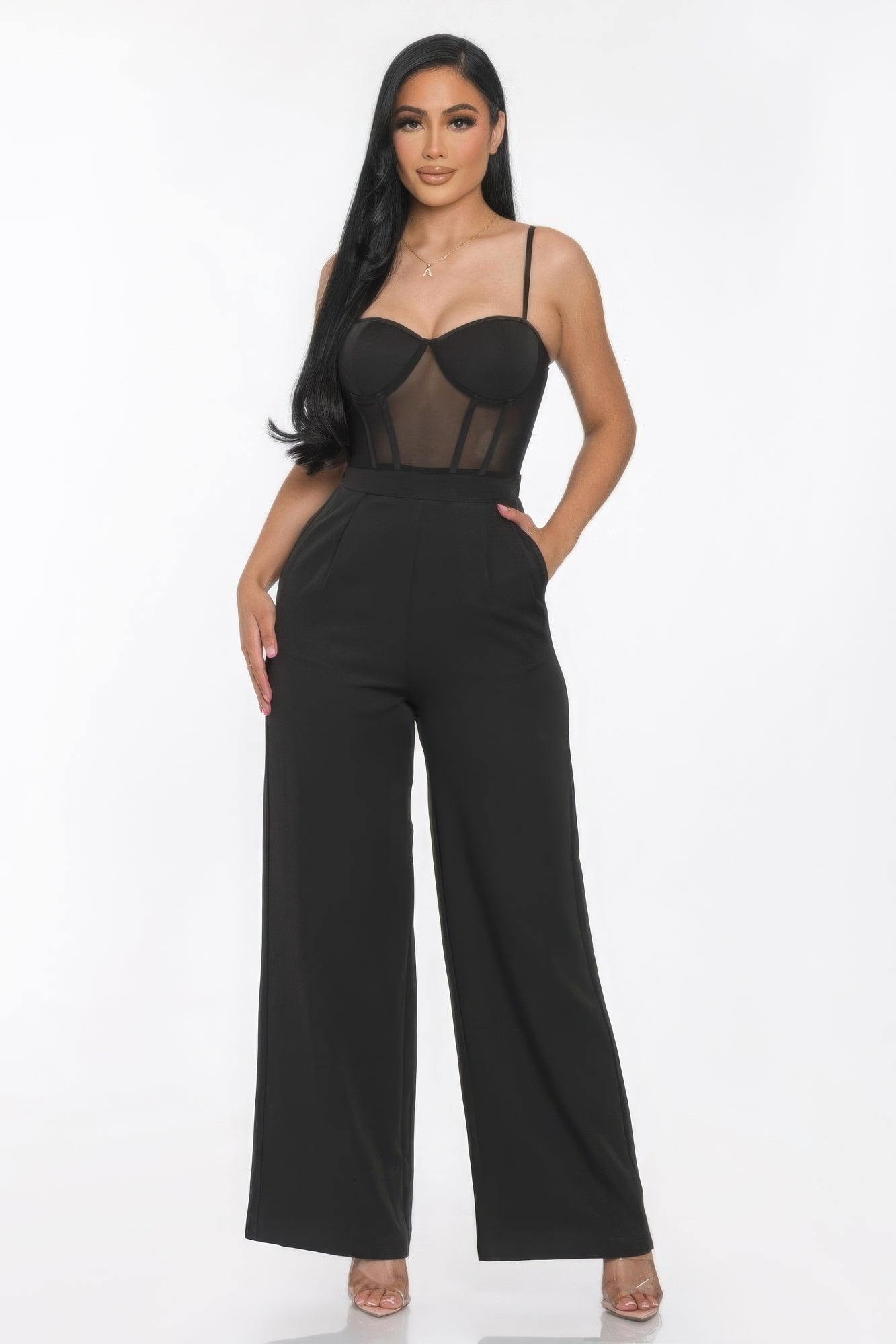 Mesh Insert Cup Wide Leg Jumpsuit in Black