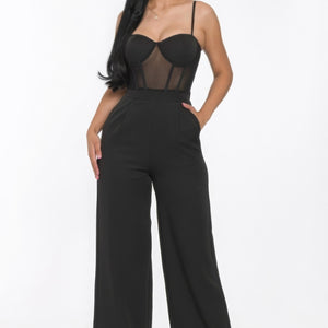 Mesh Insert Cup Wide Leg Jumpsuit in Black