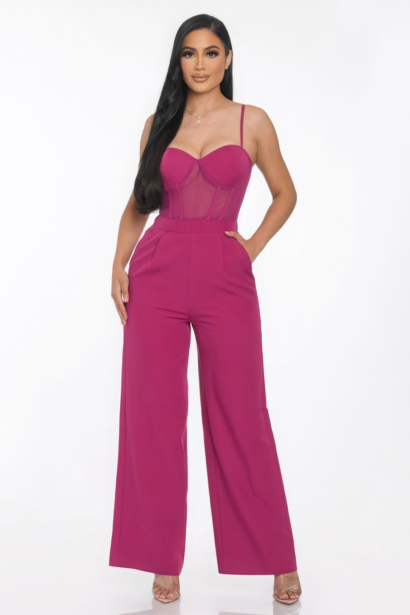 Mesh Insert Cup Wide Leg Jumpsuit in Magenta