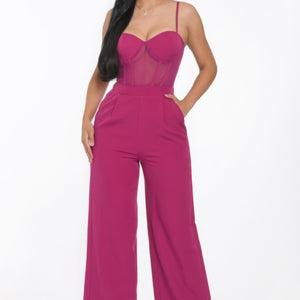 Mesh Insert Cup Wide Leg Jumpsuit in Magenta