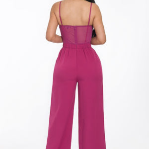 Mesh Insert Cup Wide Leg Jumpsuit in Magenta