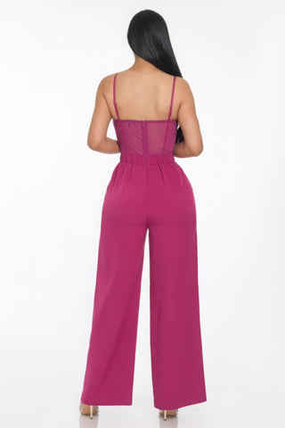 Mesh Insert Cup Wide Leg Jumpsuit in Magenta