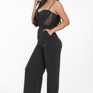 Mesh Insert Cup Wide Leg Jumpsuit in Black