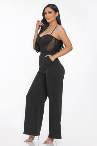 Mesh Insert Cup Wide Leg Jumpsuit in Black