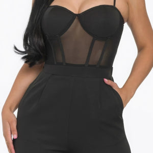 Mesh Insert Cup Wide Leg Jumpsuit in Black