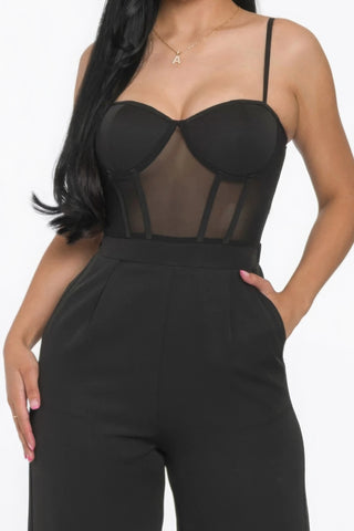 Mesh Insert Cup Wide Leg Jumpsuit in Black