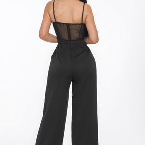 Mesh Insert Cup Wide Leg Jumpsuit in Black