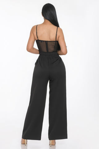 Mesh Insert Cup Wide Leg Jumpsuit in Black