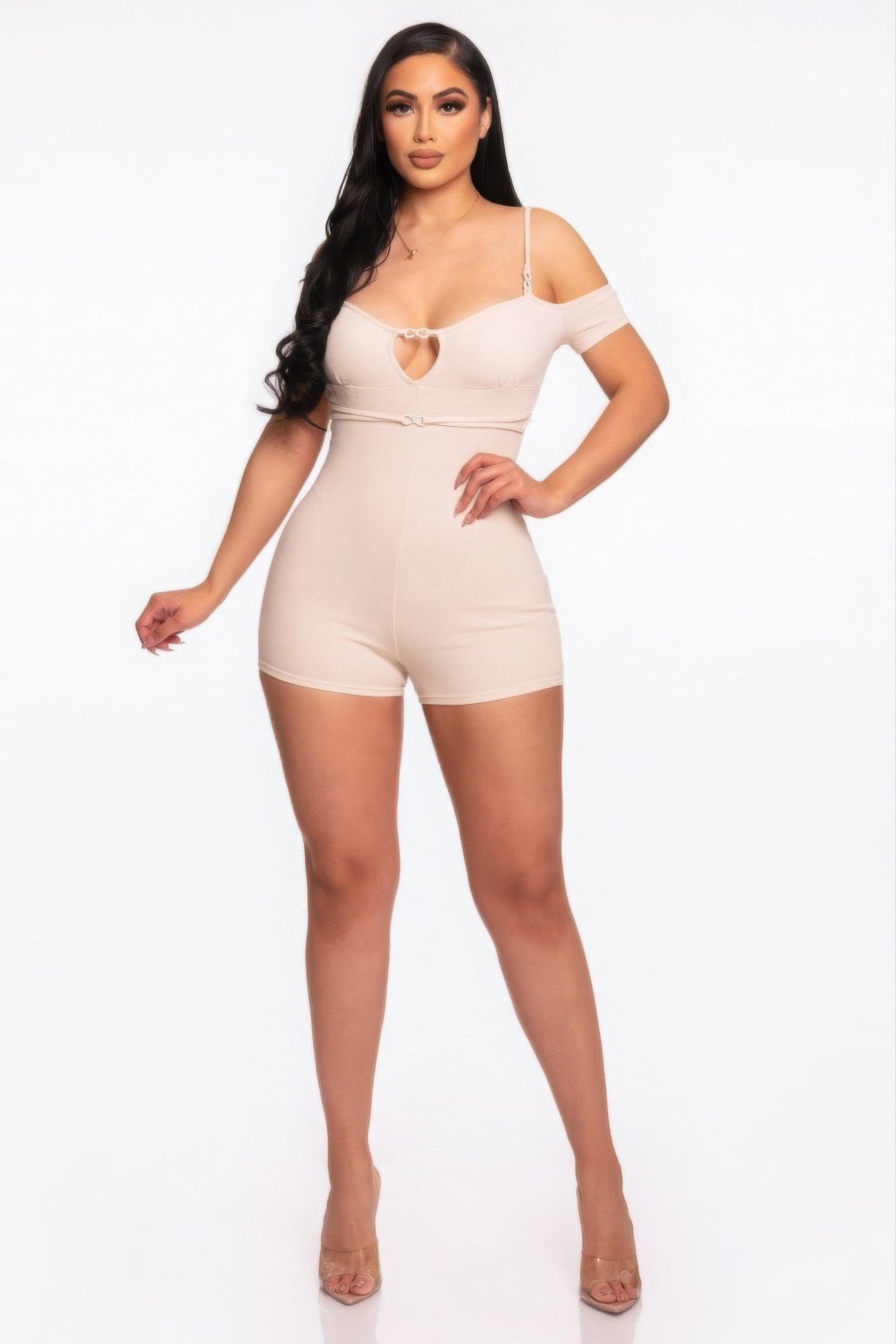 Infinity Off-shoulder Knitted Rompers in Nude