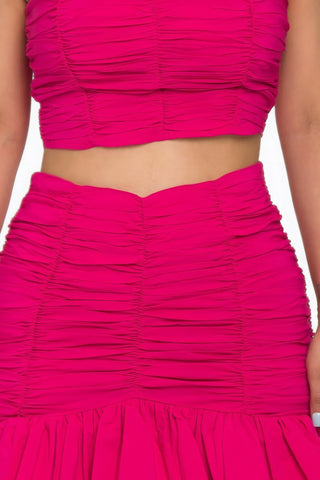 Fuchsia Ruffle Ruched Mini Skirt Set