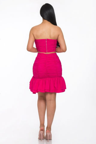 Fuchsia Ruffle Ruched Mini Skirt Set