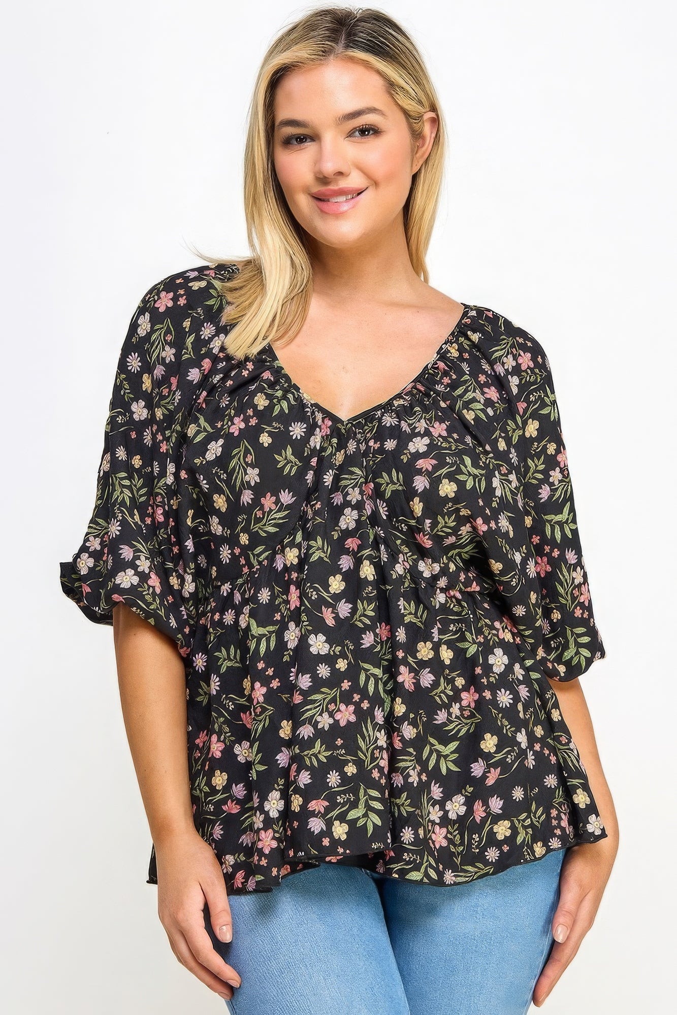 Floral V-neck Babydoll Balloon Slv Top