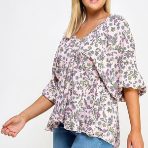 Floral V-neck Babydoll Balloon Slv Top