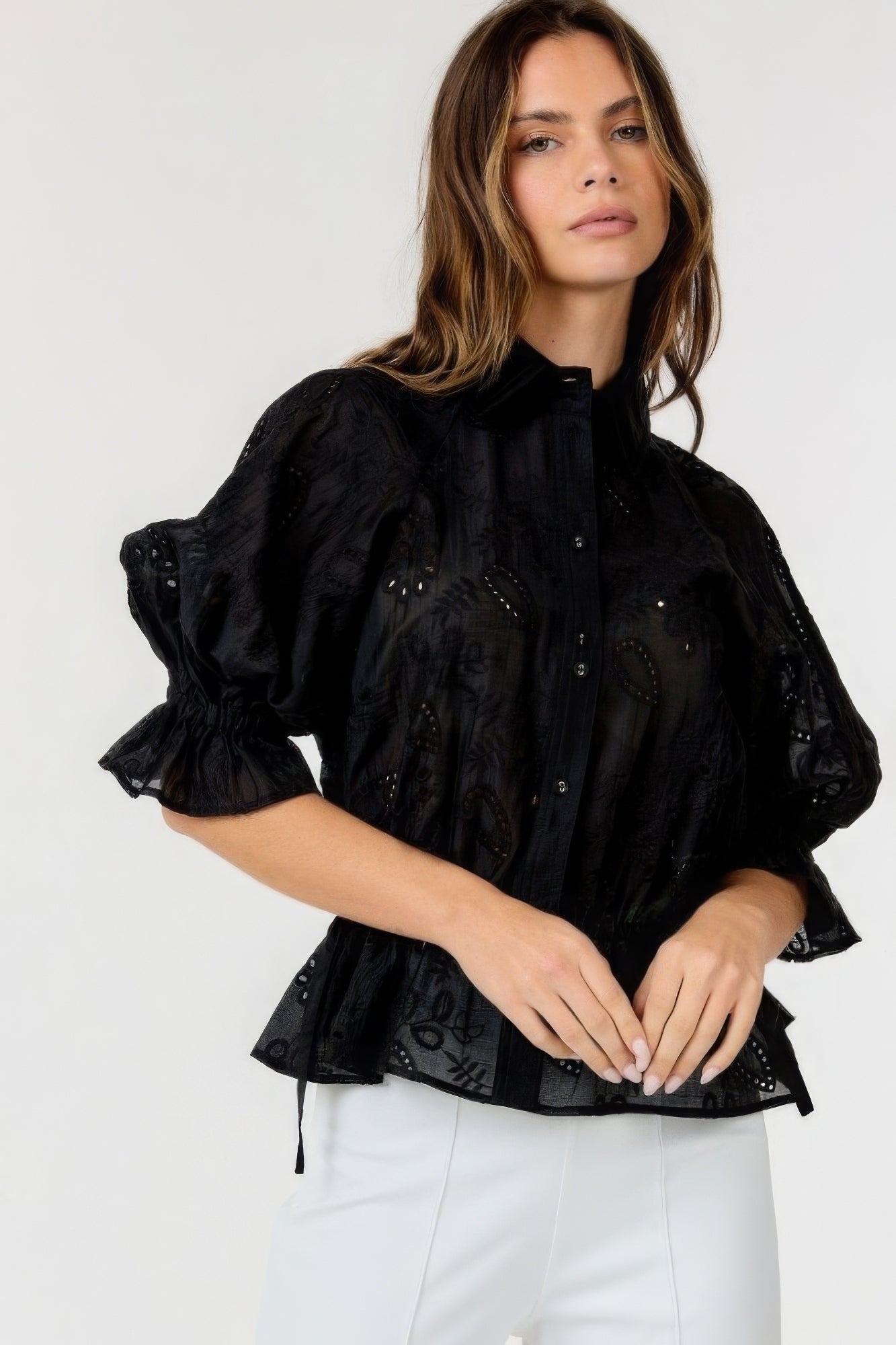 Black Button-down Collar Neck Embroidered Top