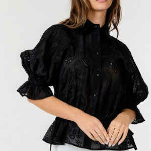 Black Button-down Collar Neck Embroidered Top