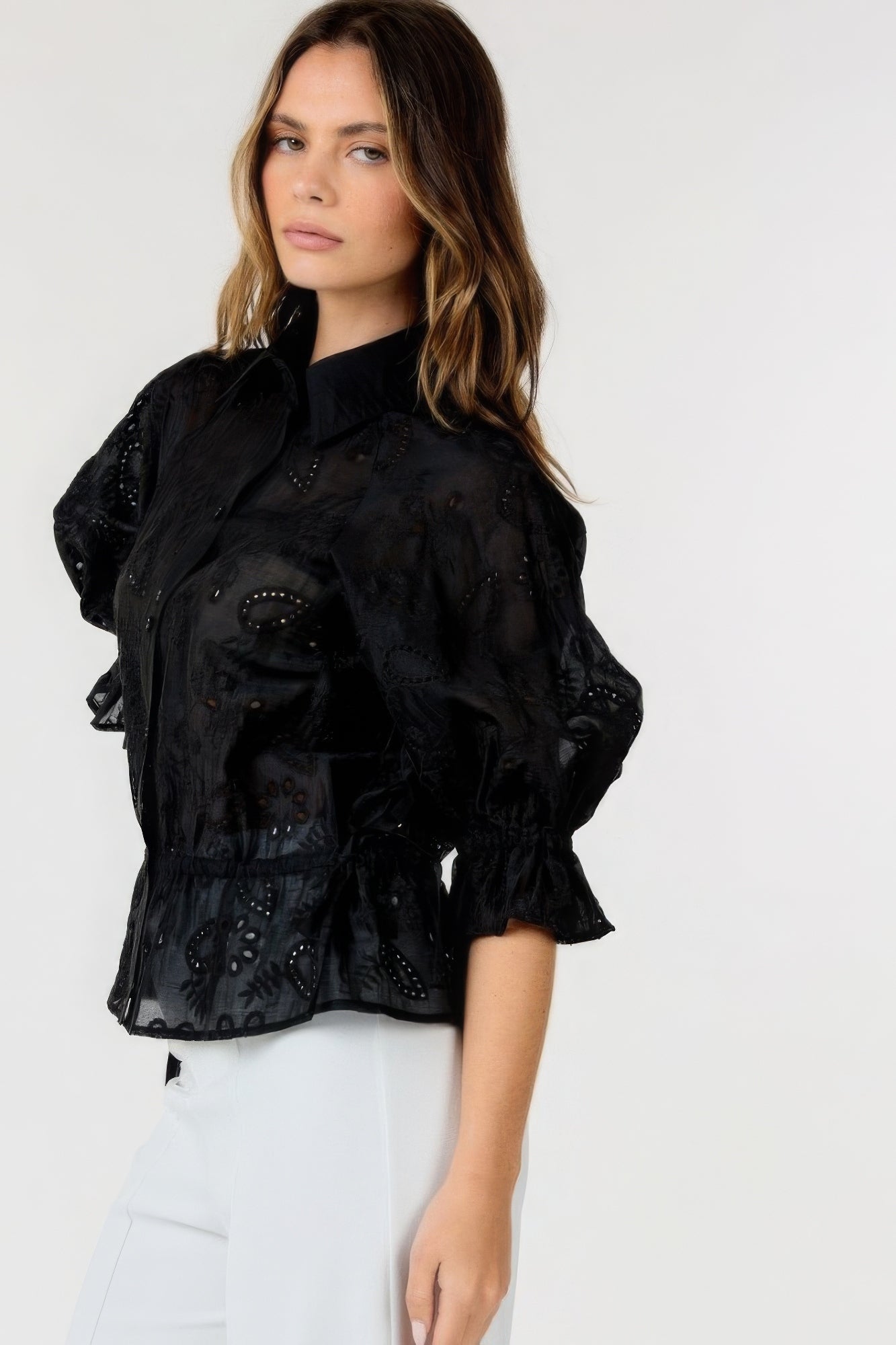 Black Button-down Collar Neck Embroidered Top