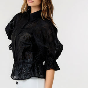 Black Button-down Collar Neck Embroidered Top