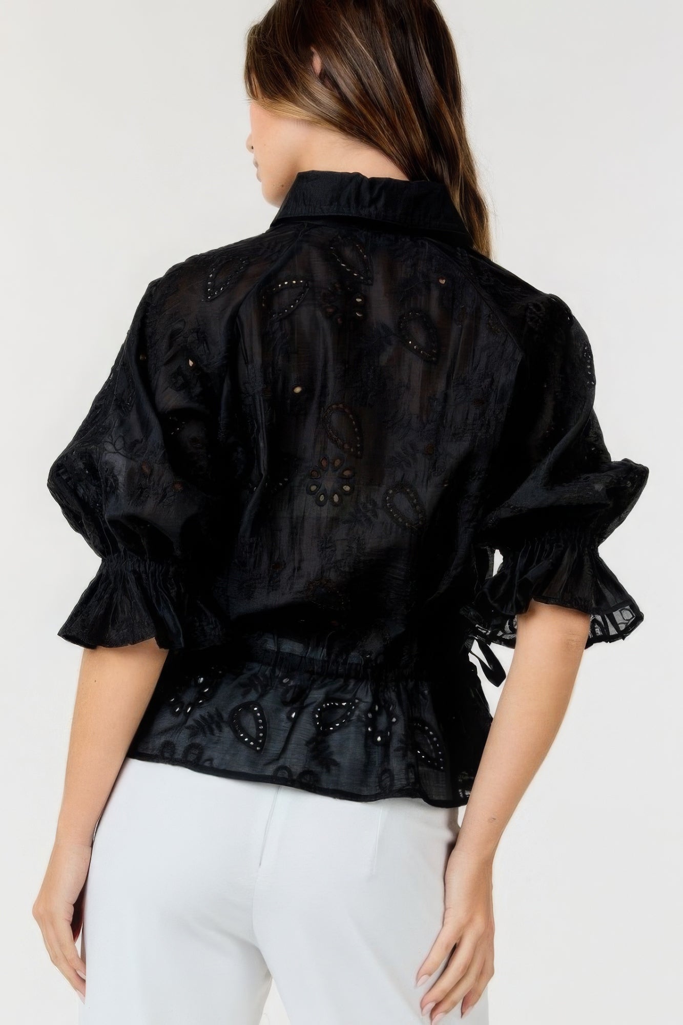 Black Button-down Collar Neck Embroidered Top