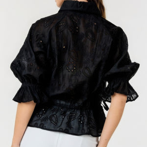 Black Button-down Collar Neck Embroidered Top